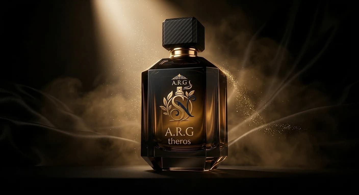 A.R.G THEROS bottle surrounded by warm golden light